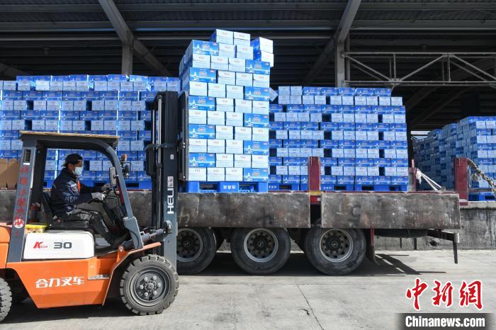 圖為工作人員在裝載抗疫生活物資?!∝暩聛硭?攝 圖為工作人員在裝載抗疫生活物資?!∝暩聛硭?攝